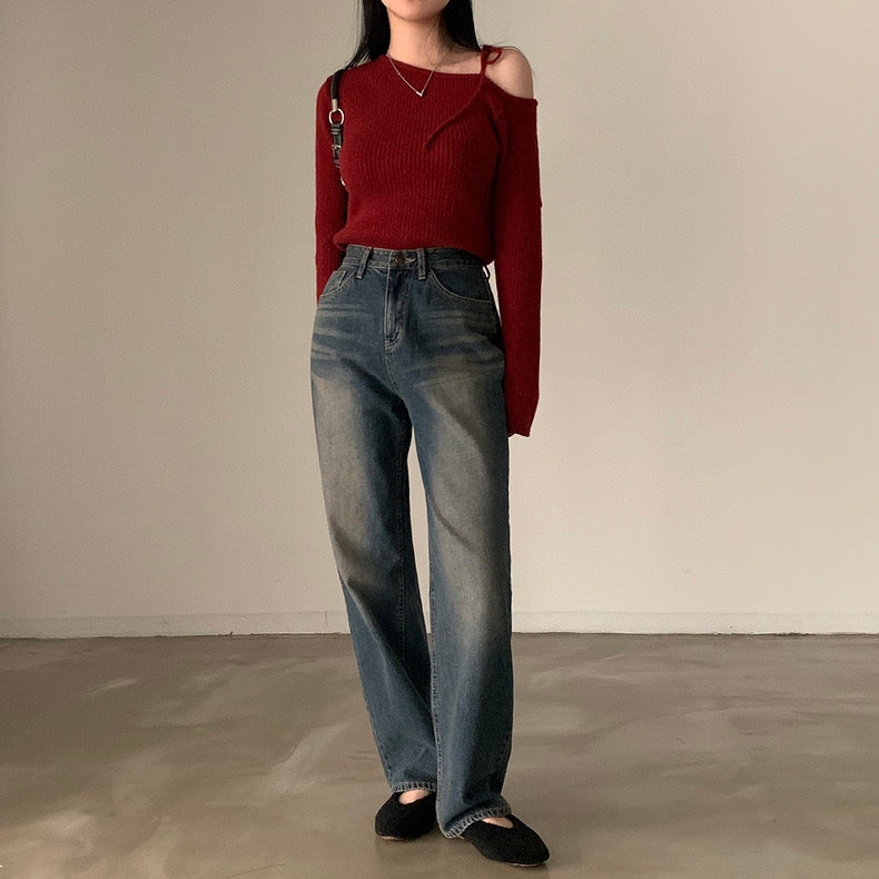 ワンショルダーリボンセーター