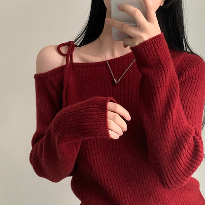 ワンショルダーリボンセーター