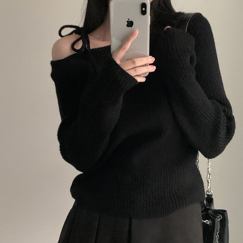 ワンショルダーリボンセーター