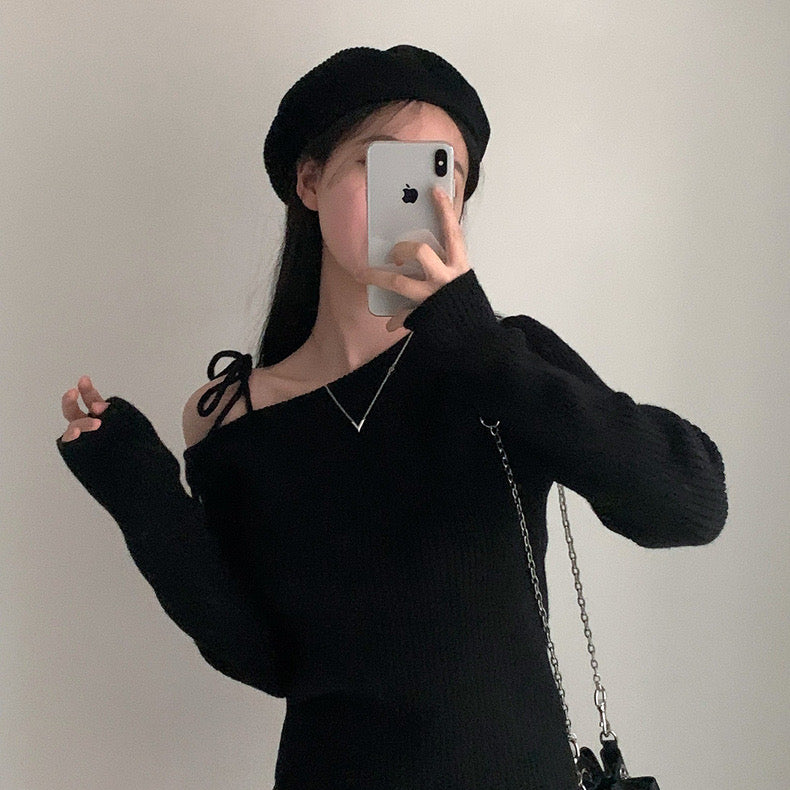 ワンショルダーリボンセーター