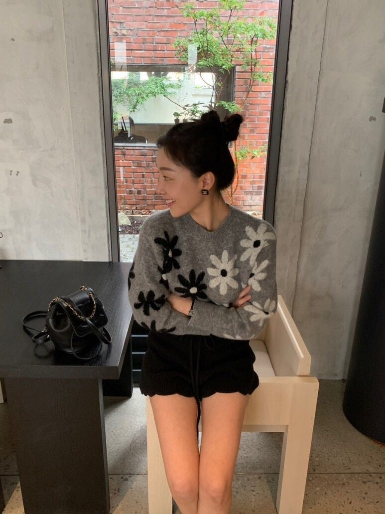 Two-Tone Floral Knit Sweater