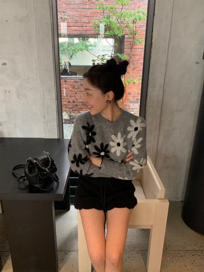 Two-Tone Floral Knit Sweater