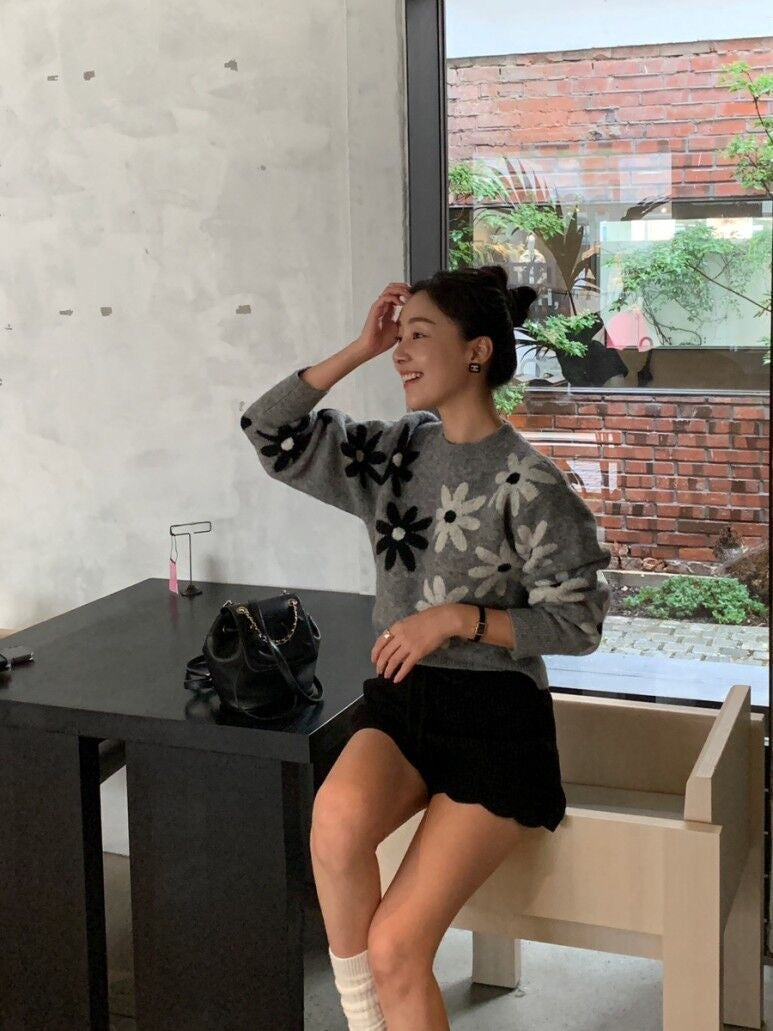 Two-Tone Floral Knit Sweater