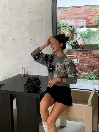 Two-Tone Floral Knit Sweater