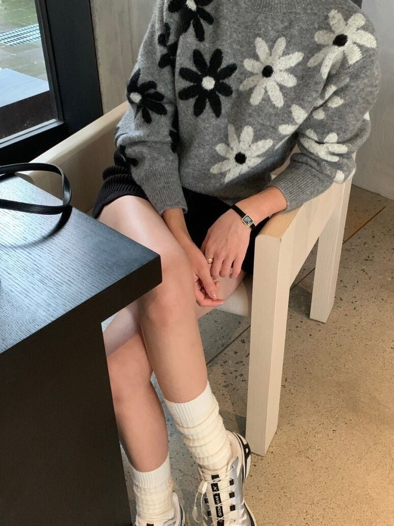 Two-Tone Floral Knit Sweater