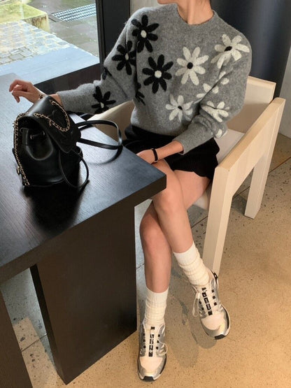 Two-Tone Floral Knit Sweater