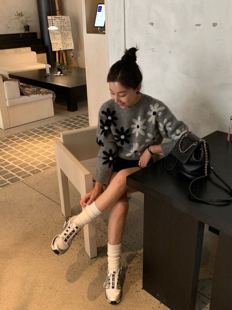 Two-Tone Floral Knit Sweater