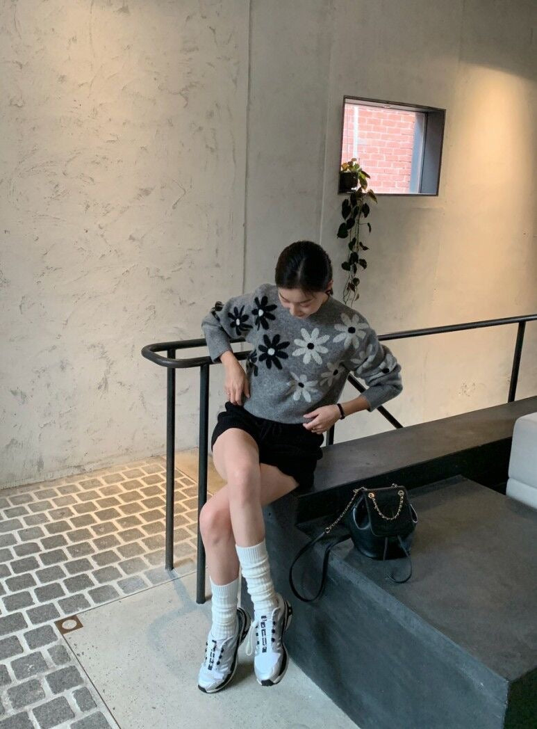 Two-Tone Floral Knit Sweater