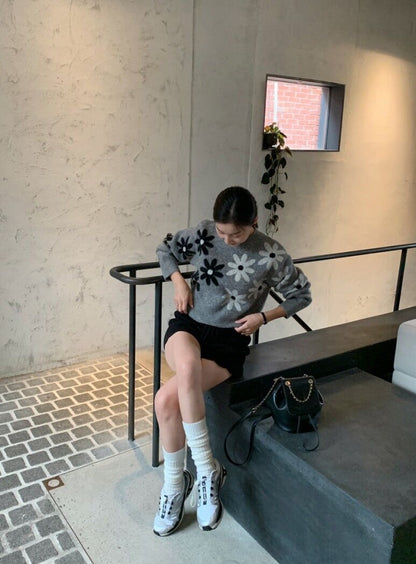 Two-Tone Floral Knit Sweater