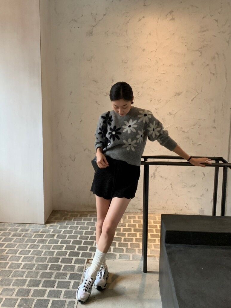 Two-Tone Floral Knit Sweater