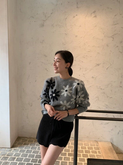 Two-Tone Floral Knit Sweater