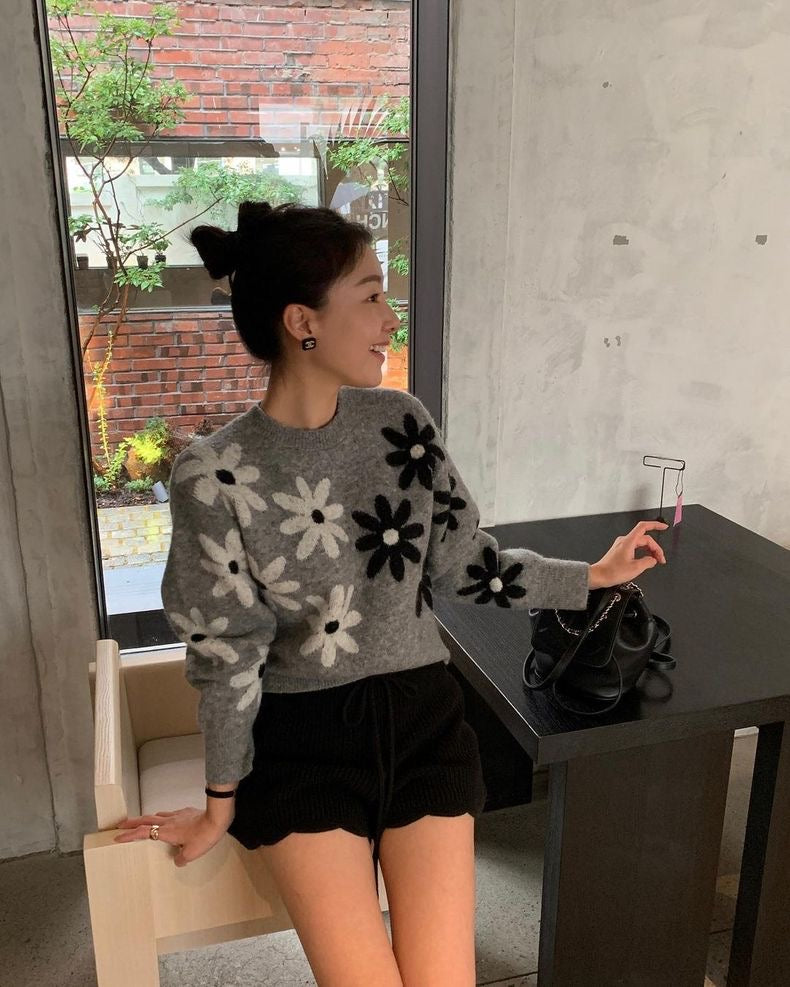 Two-Tone Floral Knit Sweater