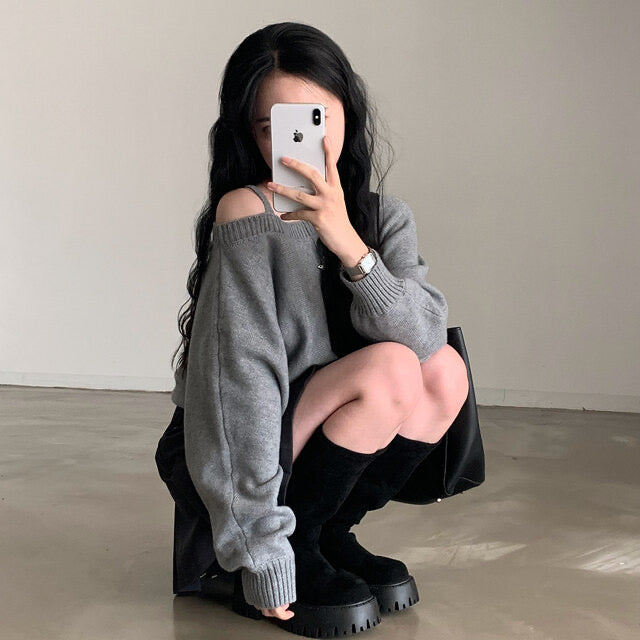 One-shoulder asymmetrical neckline sweater