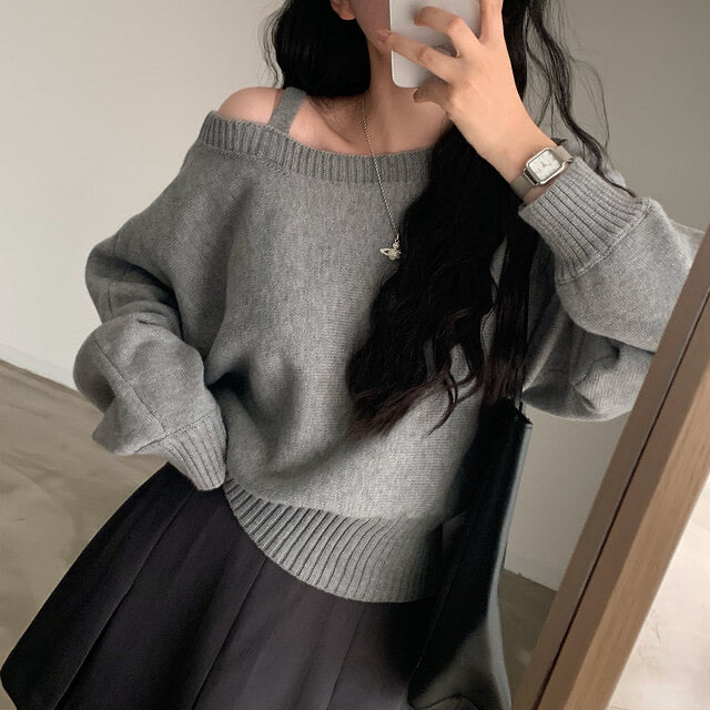 One-shoulder asymmetrical neckline sweater