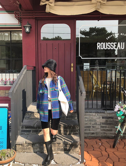 Color Block Plaid Woolen Coat