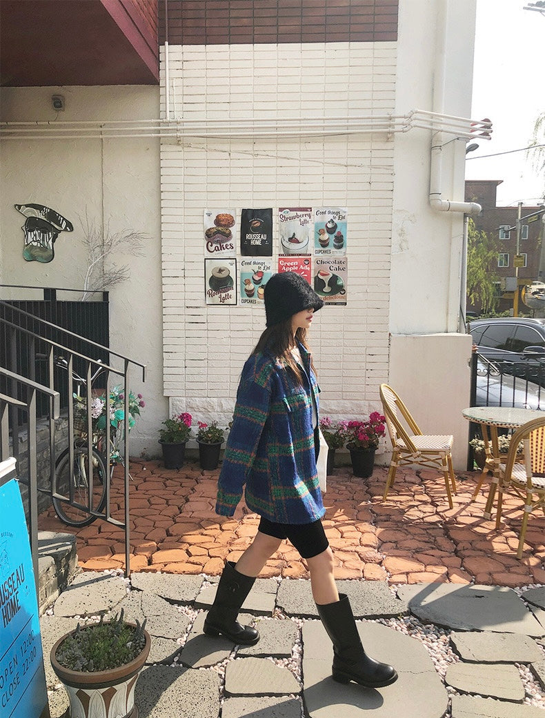 Color Block Plaid Woolen Coat