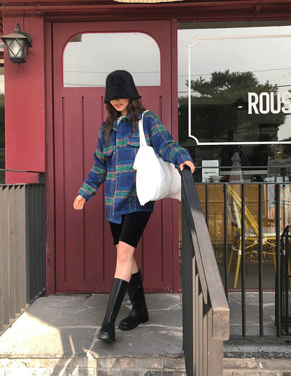 Color Block Plaid Woolen Coat