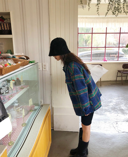 Color Block Plaid Woolen Coat