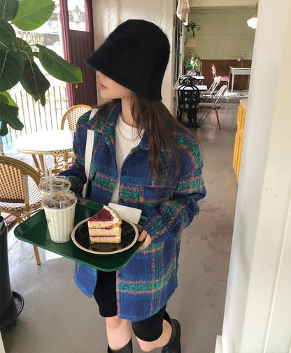 Color Block Plaid Woolen Coat