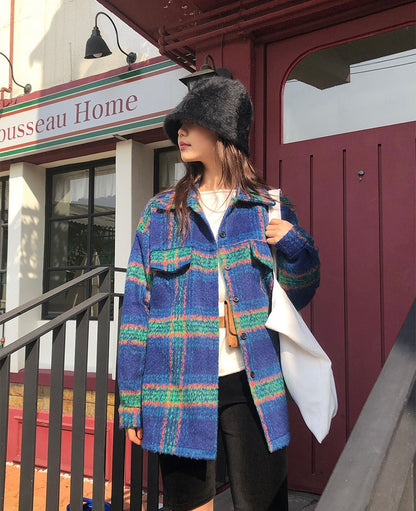 Color Block Plaid Woolen Coat
