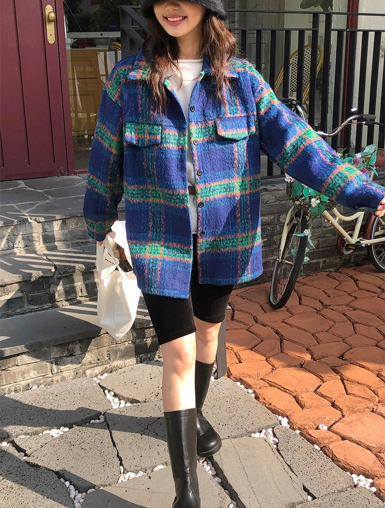 Color Block Plaid Woolen Coat