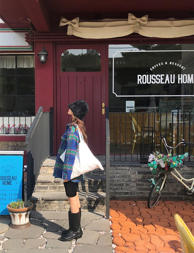 Color Block Plaid Woolen Coat