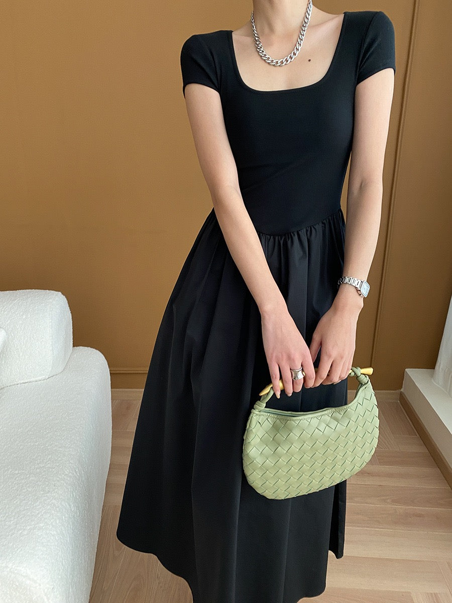 Square Neck Cinched Waist Black Maxi Dress