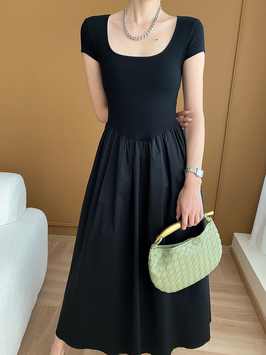 Square Neck Cinched Waist Black Maxi Dress