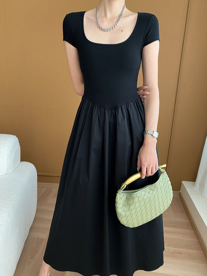 Square Neck Cinched Waist Black Maxi Dress