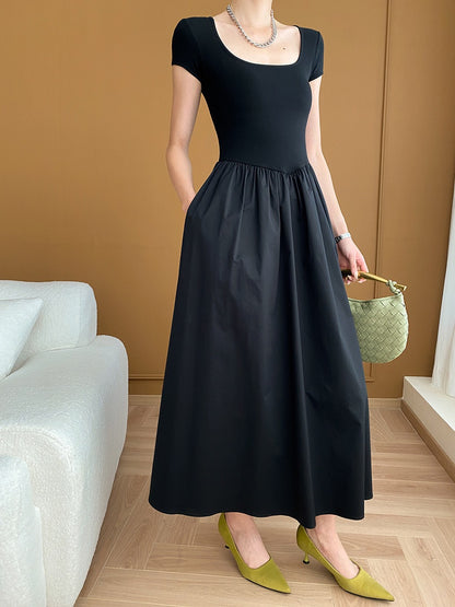 Square Neck Cinched Waist Black Maxi Dress