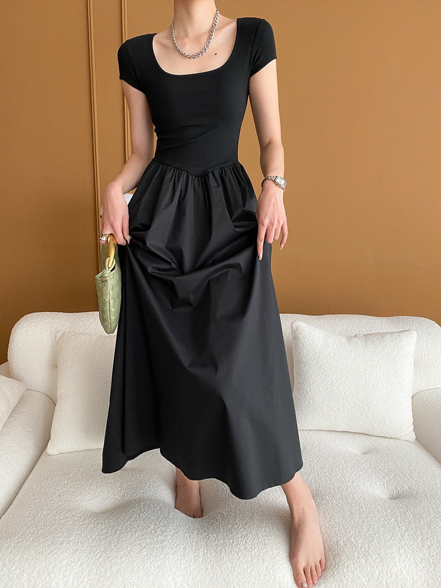 Square Neck Cinched Waist Black Maxi Dress
