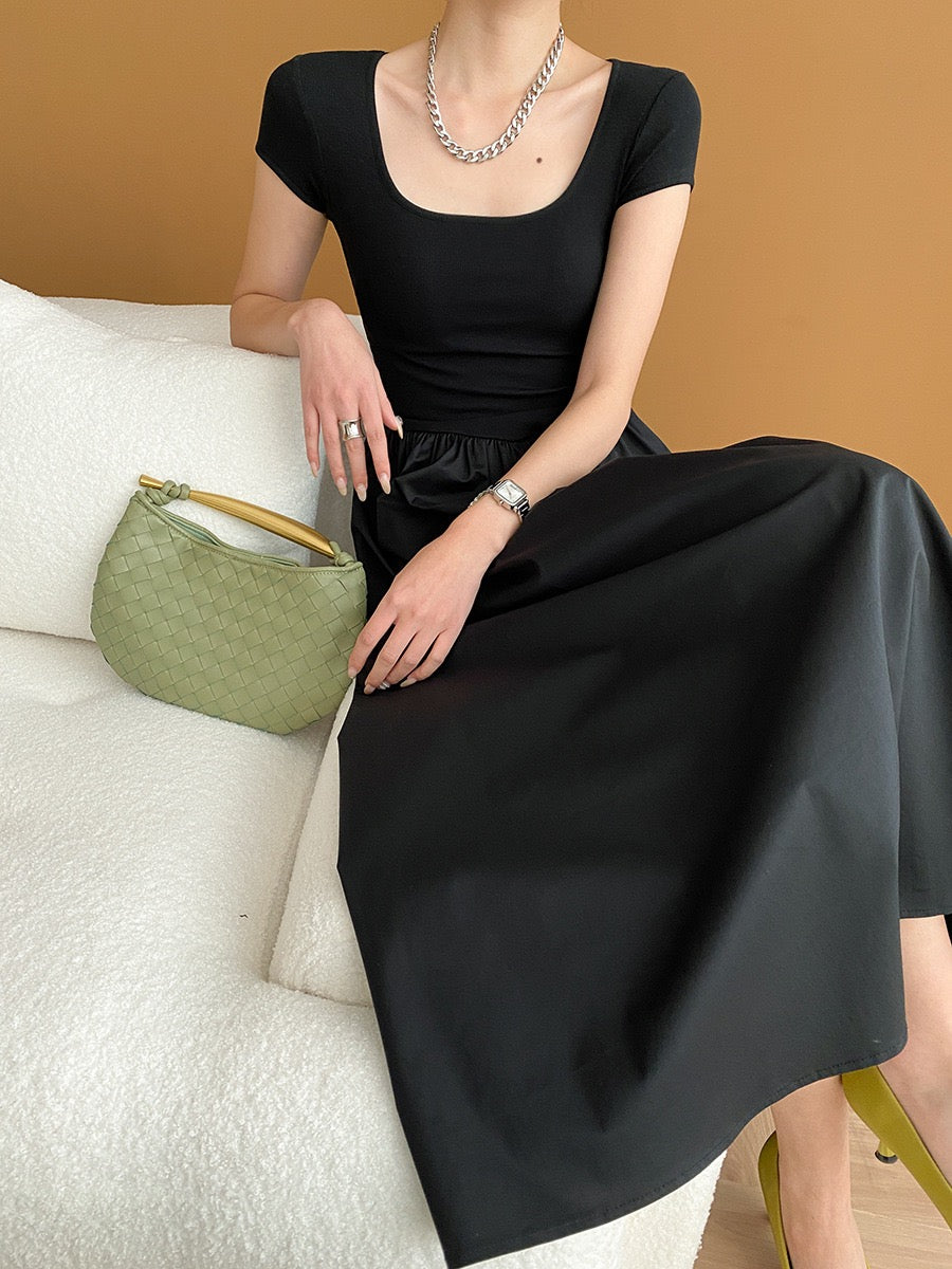 Square Neck Cinched Waist Black Maxi Dress