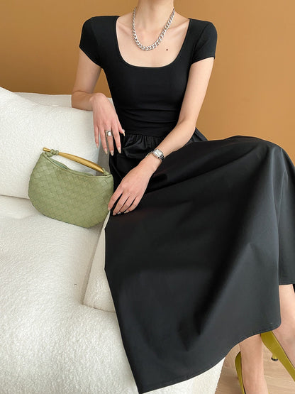 Square Neck Cinched Waist Black Maxi Dress