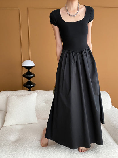 Square Neck Cinched Waist Black Maxi Dress