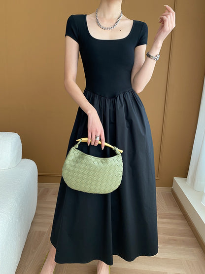 Square Neck Cinched Waist Black Maxi Dress
