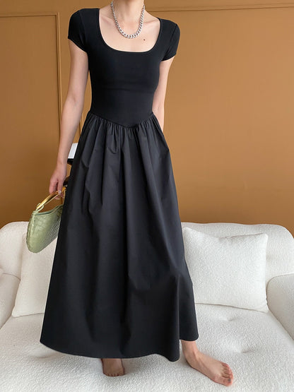 Square Neck Cinched Waist Black Maxi Dress