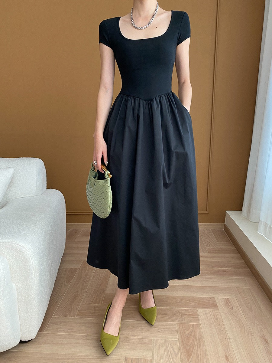 Square Neck Cinched Waist Black Maxi Dress