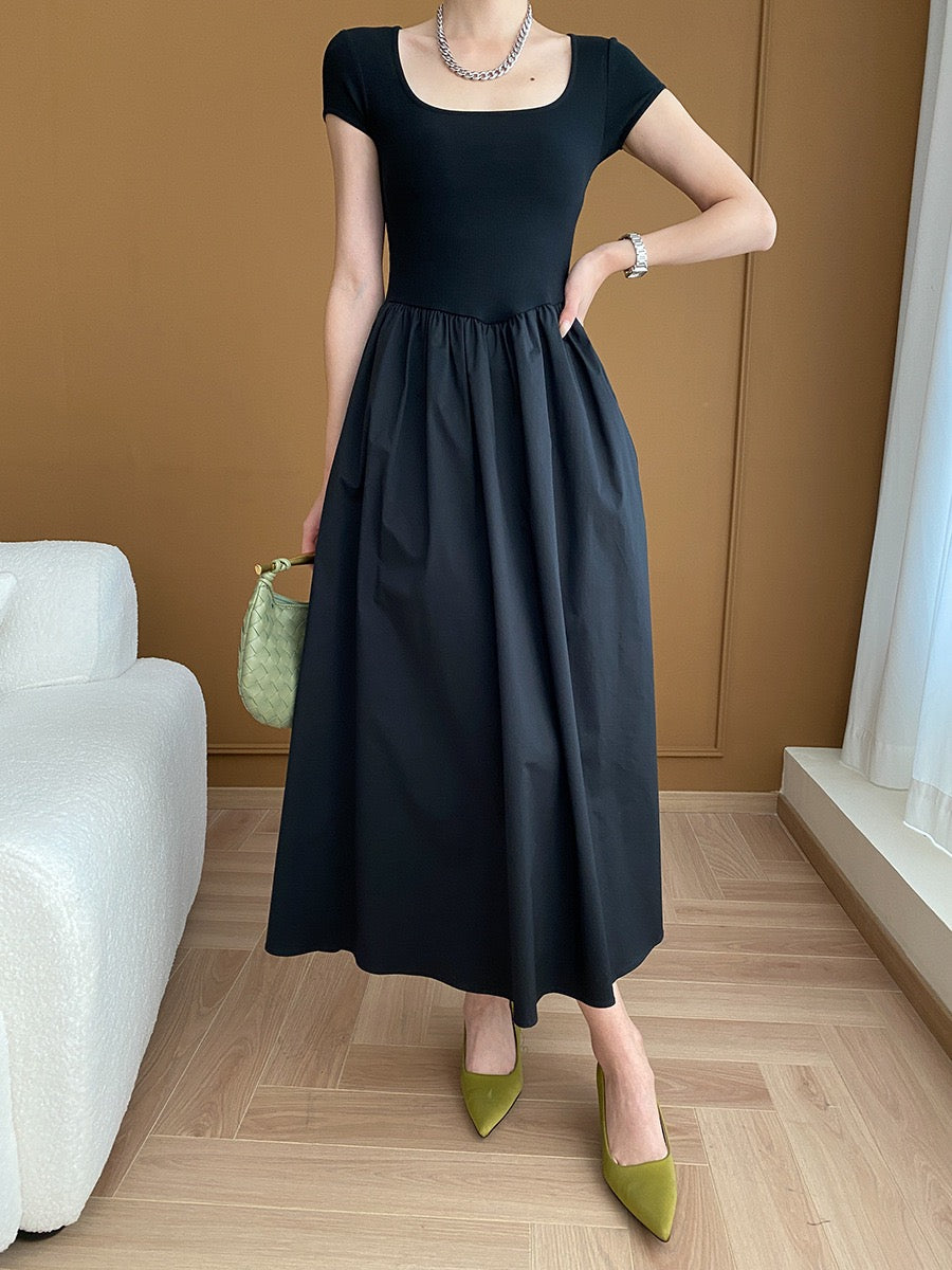 Square Neck Cinched Waist Black Maxi Dress