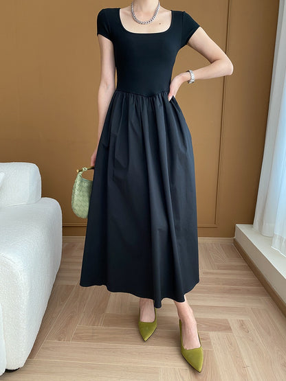 Square Neck Cinched Waist Black Maxi Dress