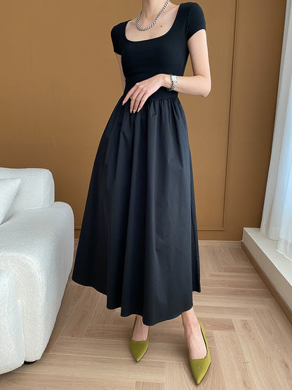 Square Neck Cinched Waist Black Maxi Dress
