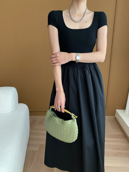 Square Neck Cinched Waist Black Maxi Dress