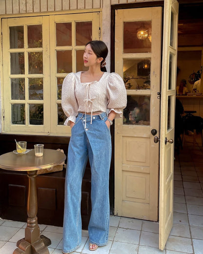 Irregular Diagonal Button High-Waisted Jeans