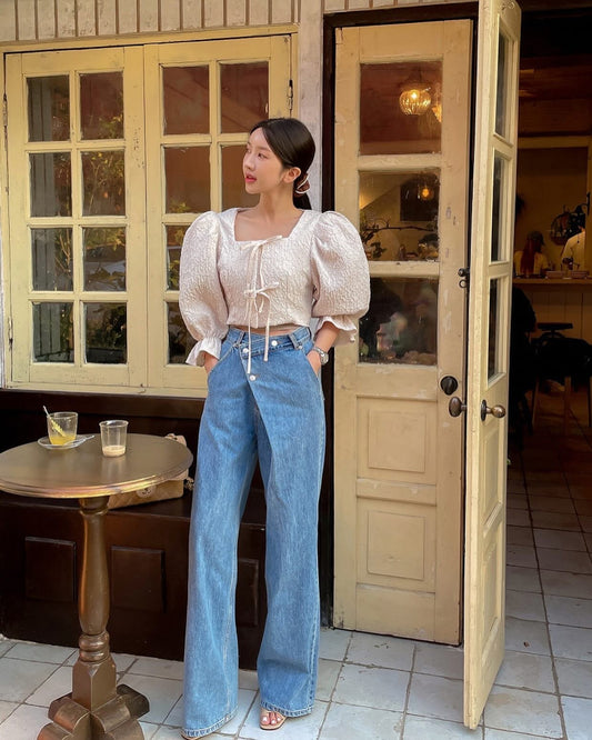 Irregular Diagonal Button High-Waisted Jeans