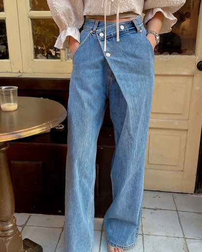 Irregular Diagonal Button High-Waisted Jeans