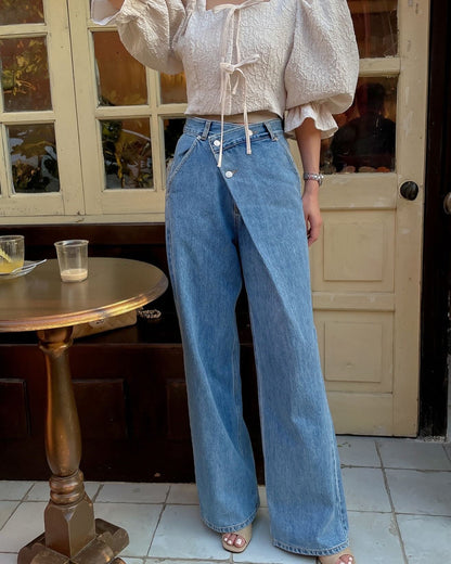 Irregular Diagonal Button High-Waisted Jeans