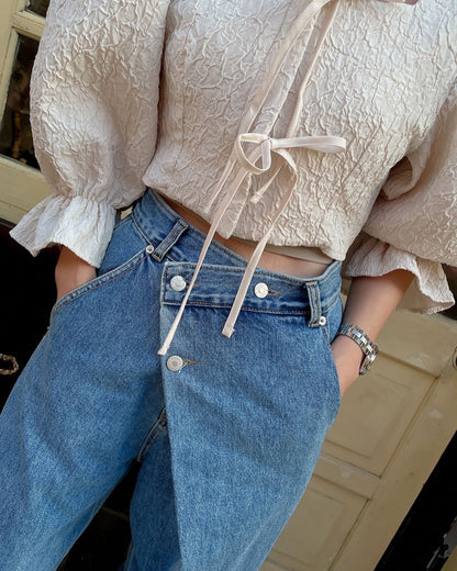 Irregular Diagonal Button High-Waisted Jeans