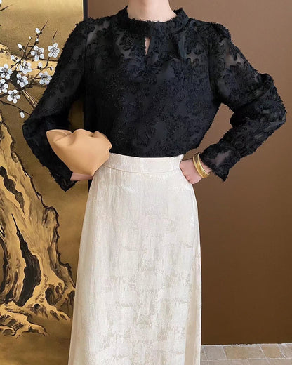 Velvet flocked lace top