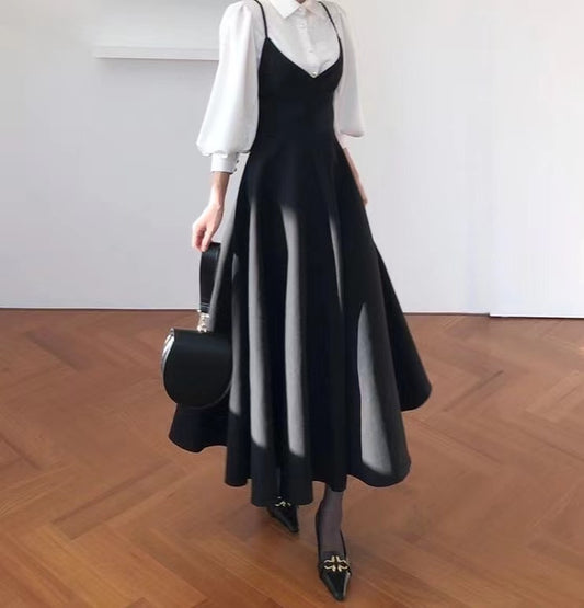 French-style black and white dress set