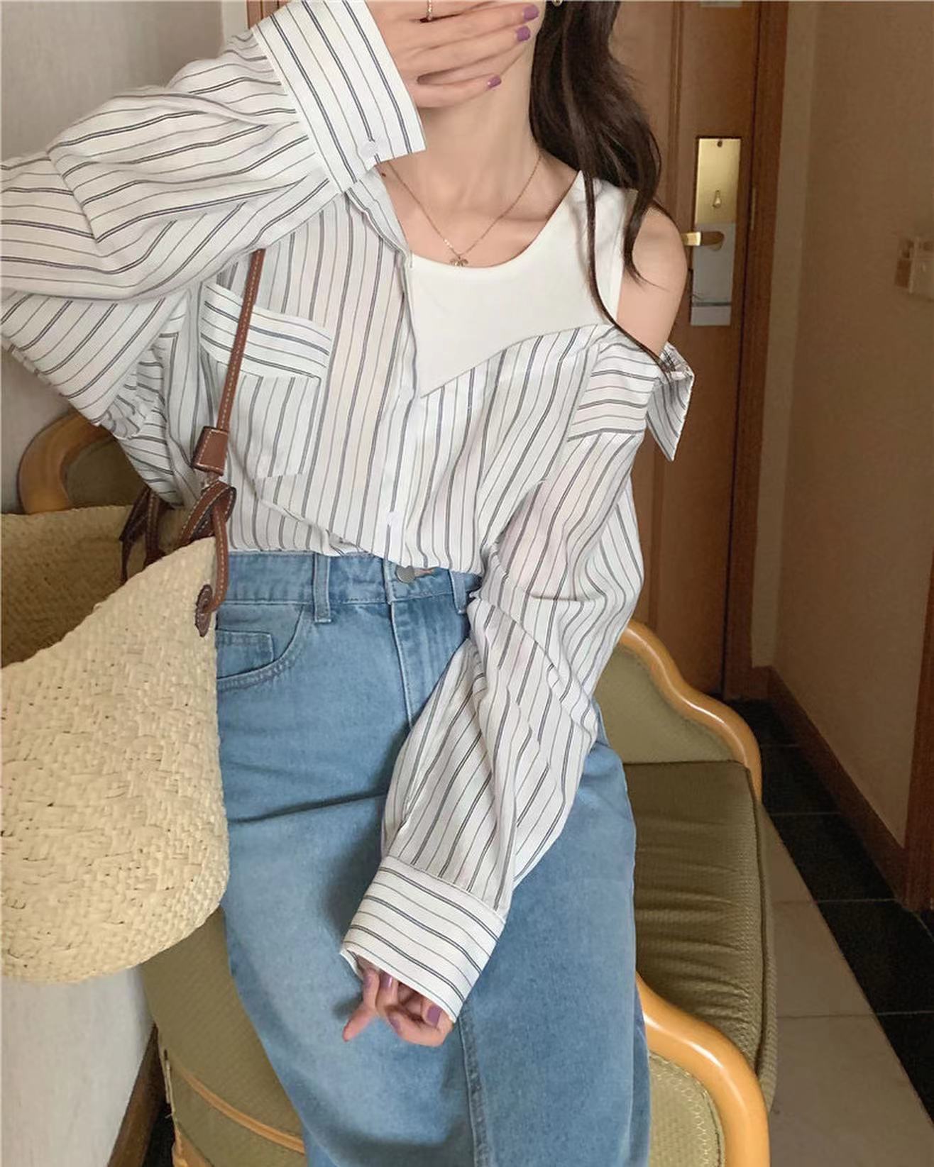 拼接假兩件條紋恤衫