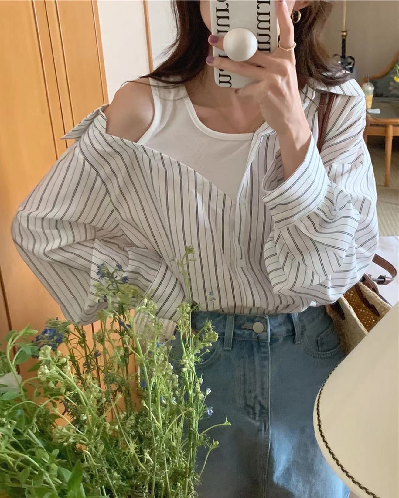 拼接假兩件條紋恤衫